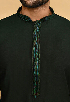Embroidered Lycra Kurta Set in Dark Green