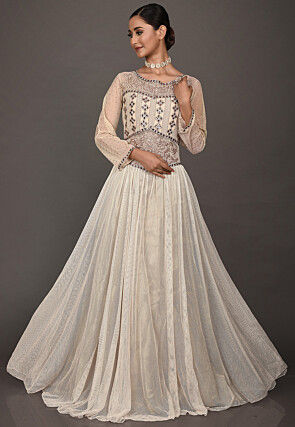 Embroidered Lycra Net Corsaged Gown in Beige