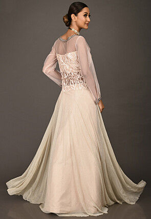 Embroidered Lycra Net Shimmer Corsaged Gown in Light Peach