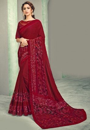 Embroidered Lycra Saree in Maroon
