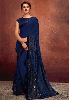 Embroidered Lycra Saree in Navy Blue