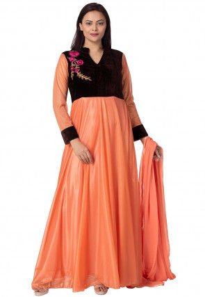 Embroidered Lycra Shimmer Abaya Style Suit in Peach and Black