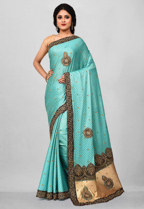 Embroidered Lycra Shimmer Jacquard Saree in Turquoise