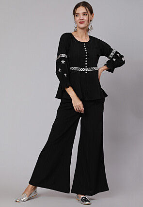 Embroidered Lycra Top Set in Black