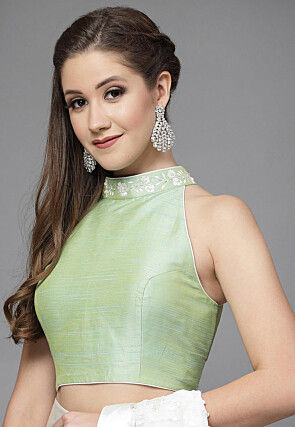 Embroidered Matka Silk Back Cut Out Blouse in Sea Green