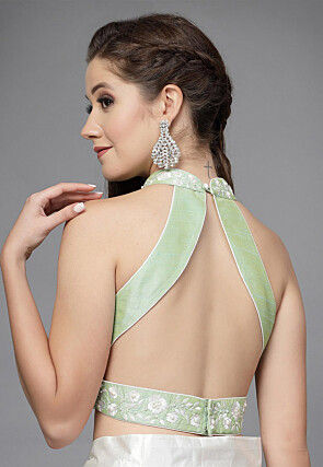 Embroidered Matka Silk Back Cut Out Blouse in Sea Green