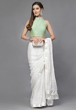 Embroidered Matka Silk Back Cut Out Blouse in Sea Green