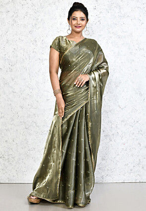 Embroidered Mirror Organza Saree in Dusty Green