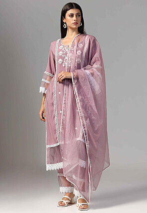 Embroidered Modal Cotton Pakistani Suit in Dusty Purple