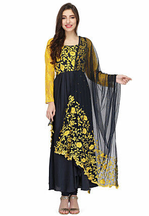 Embroidered Modal Satin Abaya Style Suit in Navy Blue