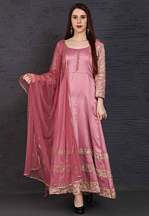 Embroidered Modal Satin Anarkali Suit in Pink