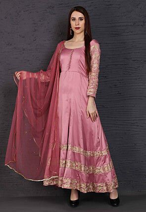 Embroidered Modal Satin Anarkali Suit in Pink