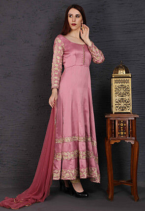 Embroidered Modal Satin Anarkali Suit in Pink
