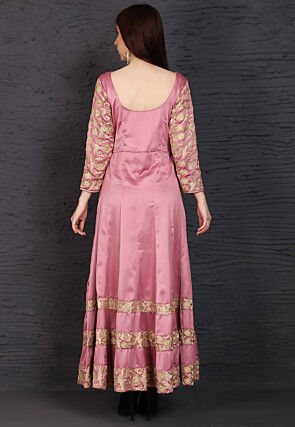 Embroidered Modal Satin Anarkali Suit in Pink