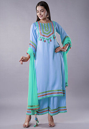 Embroidered Modal Satin Pakistani Suit in Light Blue