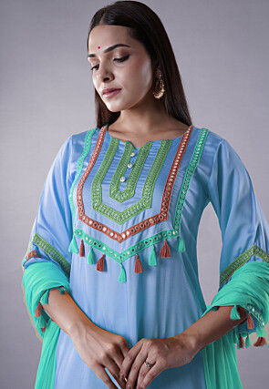 Embroidered Modal Satin Pakistani Suit in Light Blue