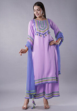 Embroidered Modal Satin Pakistani Suit in Light Purple