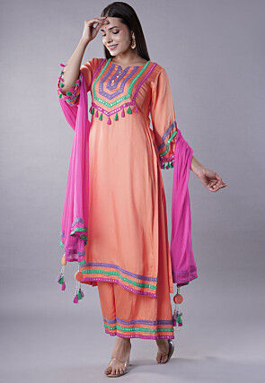 Embroidered Modal Satin Pakistani Suit in Peach