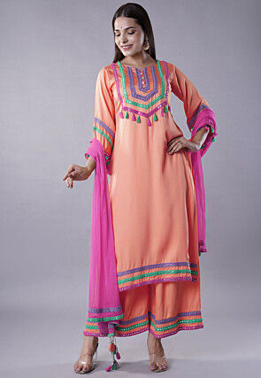 Embroidered Modal Satin Pakistani Suit in Peach