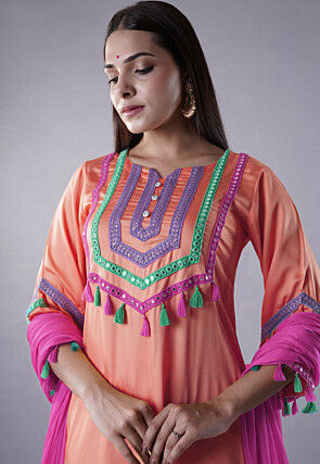Embroidered Modal Satin Pakistani Suit in Peach