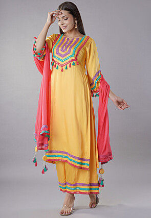Embroidered Modal Satin Pakistani  Suit in  Yellow