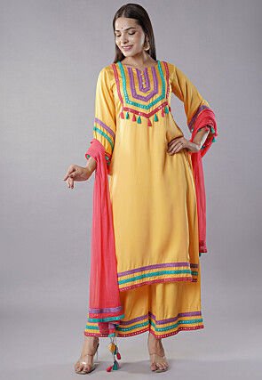 Embroidered Modal Satin Pakistani  Suit in  Yellow