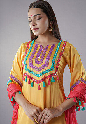 Embroidered Modal Satin Pakistani  Suit in  Yellow