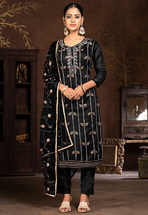 Embroidered Modal Silk Jacquard Pakistani Suit in Black