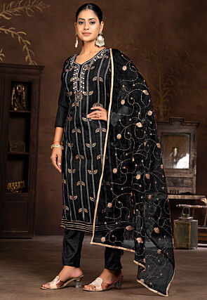 Embroidered Modal Silk Jacquard Pakistani Suit in Black