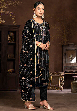 Embroidered Modal Silk Jacquard Pakistani Suit in Black