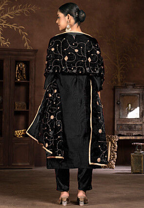 Embroidered Modal Silk Jacquard Pakistani Suit in Black