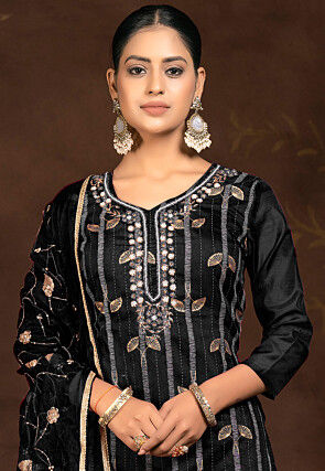 Embroidered Modal Silk Jacquard Pakistani Suit in Black