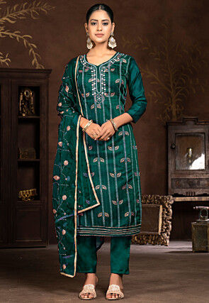 Embroidered Modal Silk Jacquard Pakistani Suit in Green