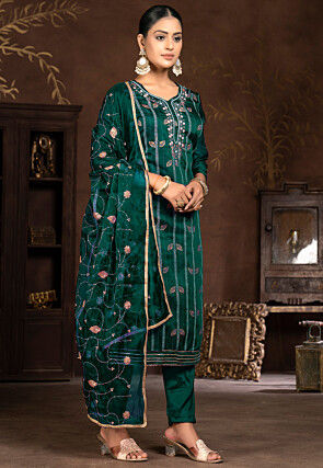 Embroidered Modal Silk Jacquard Pakistani Suit in Green