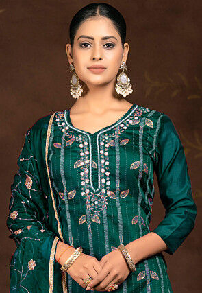 Embroidered Modal Silk Jacquard Pakistani Suit in Green