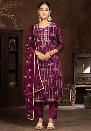 Embroidered Modal Silk Jacquard Pakistani Suit in Purple