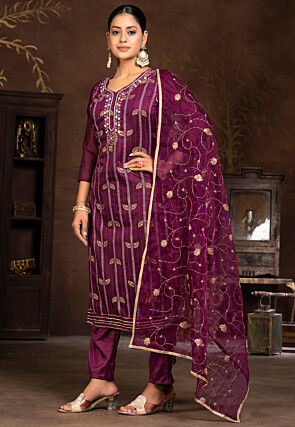 Embroidered Modal Silk Jacquard Pakistani Suit in Purple