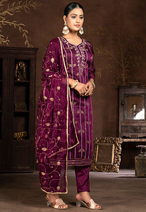 Embroidered Modal Silk Jacquard Pakistani Suit in Purple