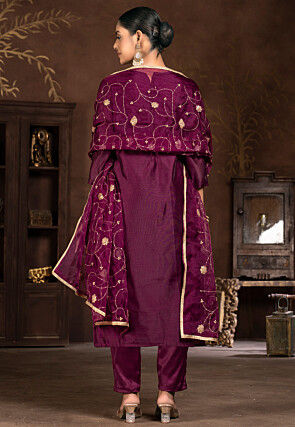 Embroidered Modal Silk Jacquard Pakistani Suit in Purple