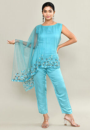 Embroidered Modal Silk Jumpsuit in Blue