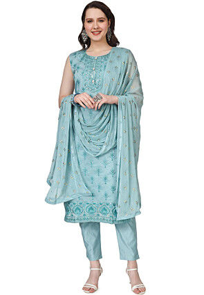 Embroidered Modal Silk Pakistani Suit in Sky Blue