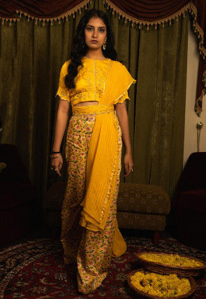 Embroidered Modal Silk Top with Palazzo in Mustard