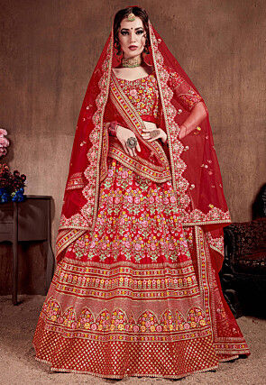 Embroidered Mulberry Silk Lehenga in Red