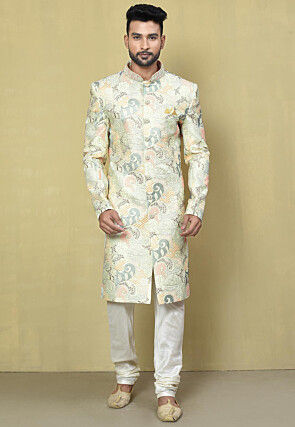 Embroidered Mulberry Silk Sherwani in Cream and Multicolor
