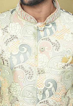 Embroidered Mulberry Silk Sherwani in Cream and Multicolor