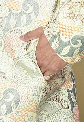 Embroidered Mulberry Silk Sherwani in Cream and Multicolor