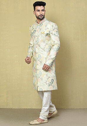 Embroidered Mulberry Silk Sherwani in Cream and Multicolor