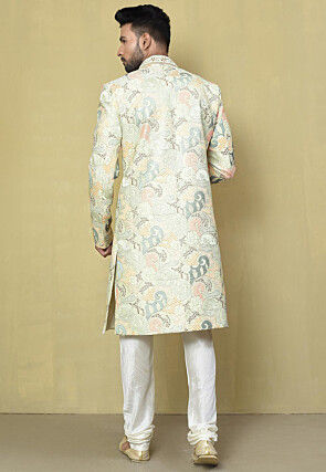 Embroidered Mulberry Silk Sherwani in Cream and Multicolor