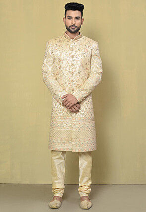 Embroidered Mulberry Silk Sherwani in Light Beige