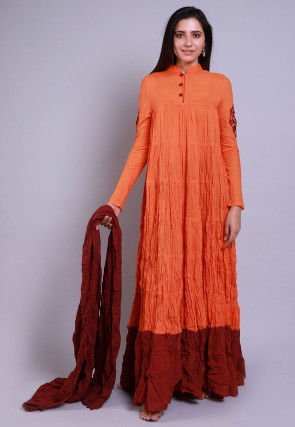 Embroidered Mulmul Cotton Abaya Style Suit in Orange